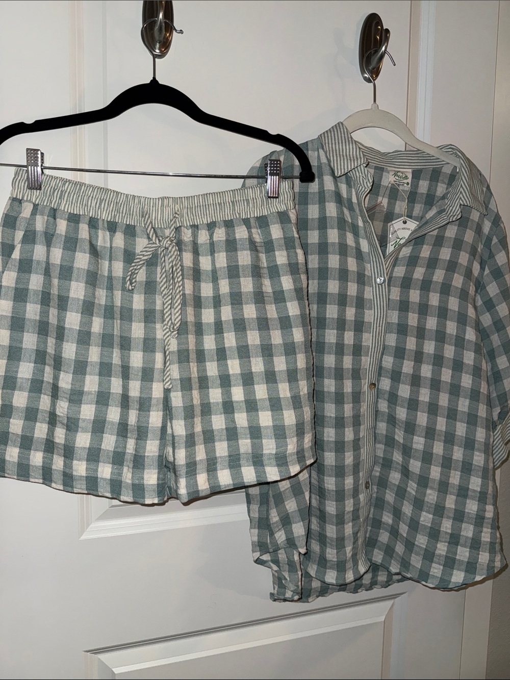 Gingham Button-Down Top & Drawstring Shorts Set - Sage & Cream